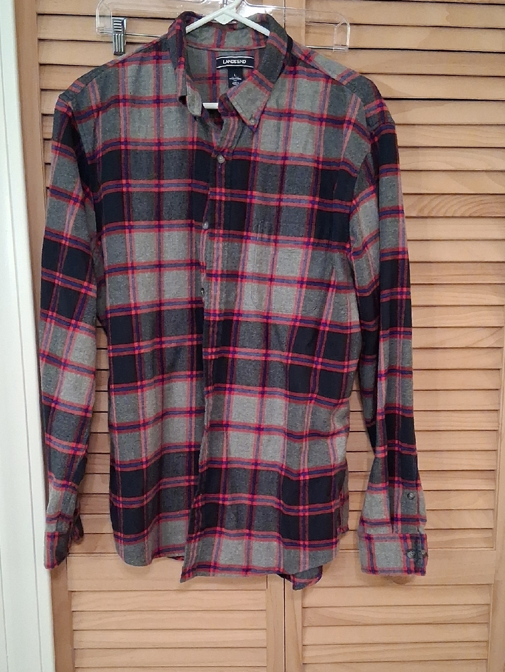 Lands' End Men's Gray, Black & Red Flannel Plaid Button-Down Shirt